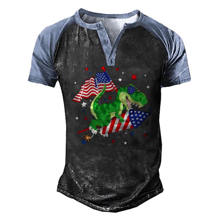 Patriotic Dinosaur Fireworks &8211 Usa American Flag 4Th Of July Men's Henley Raglan T-Shirt